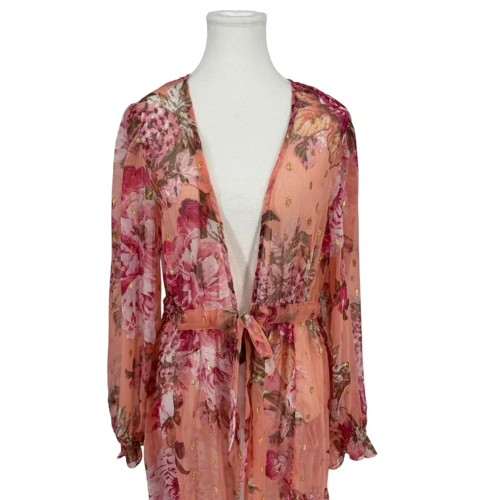 Express Sheer Floral Metallic Maxi Duster Kimono Pink Gold‎ Cover-Up Size Medium